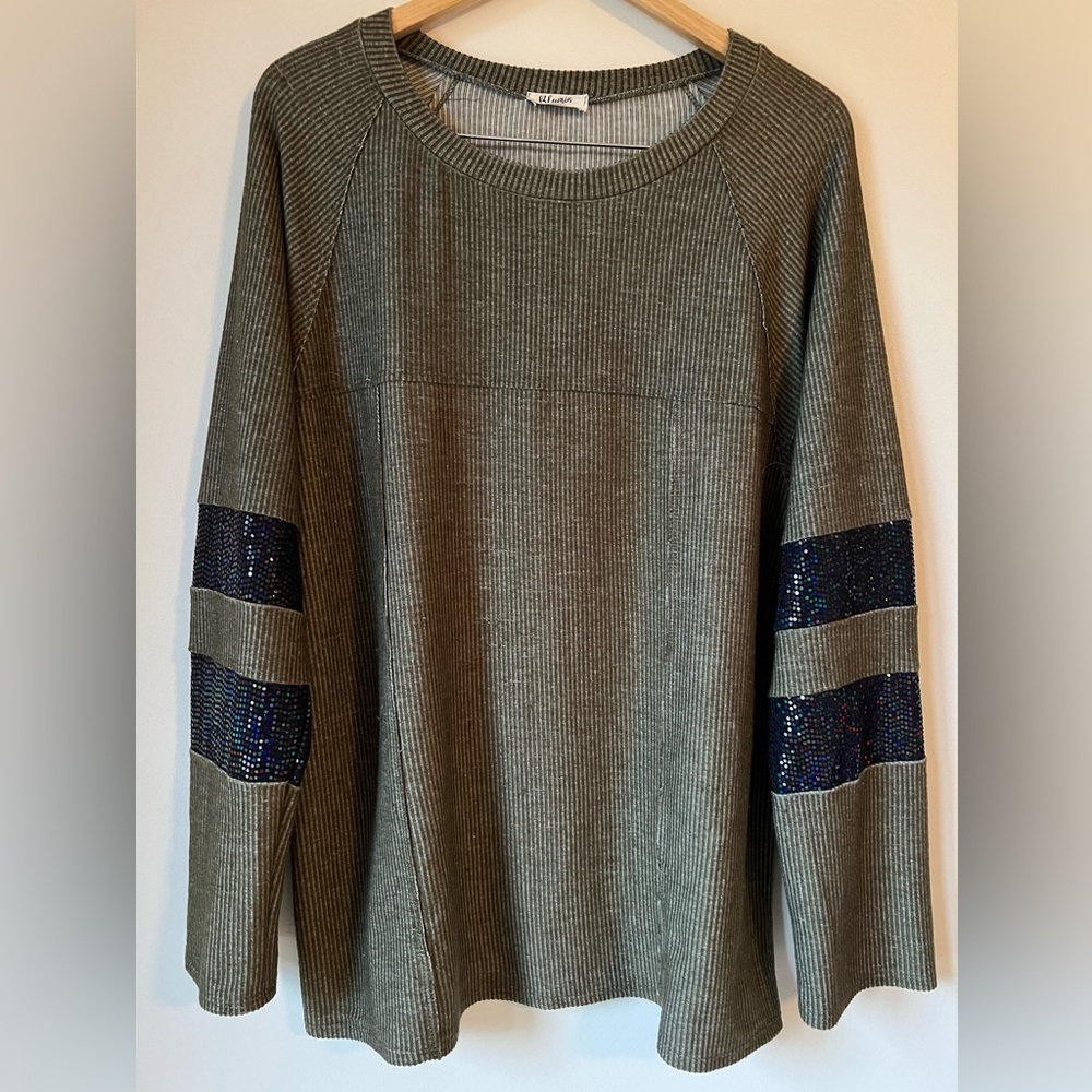 Blumin Apparel Long Sleeve Shirt Dark Olive Gray Ribbed Knit Deep Blue Bling 3X
